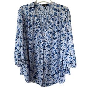 NYDJ Black Blue Floral Pintuck backside Buttondown blouse size 2X
